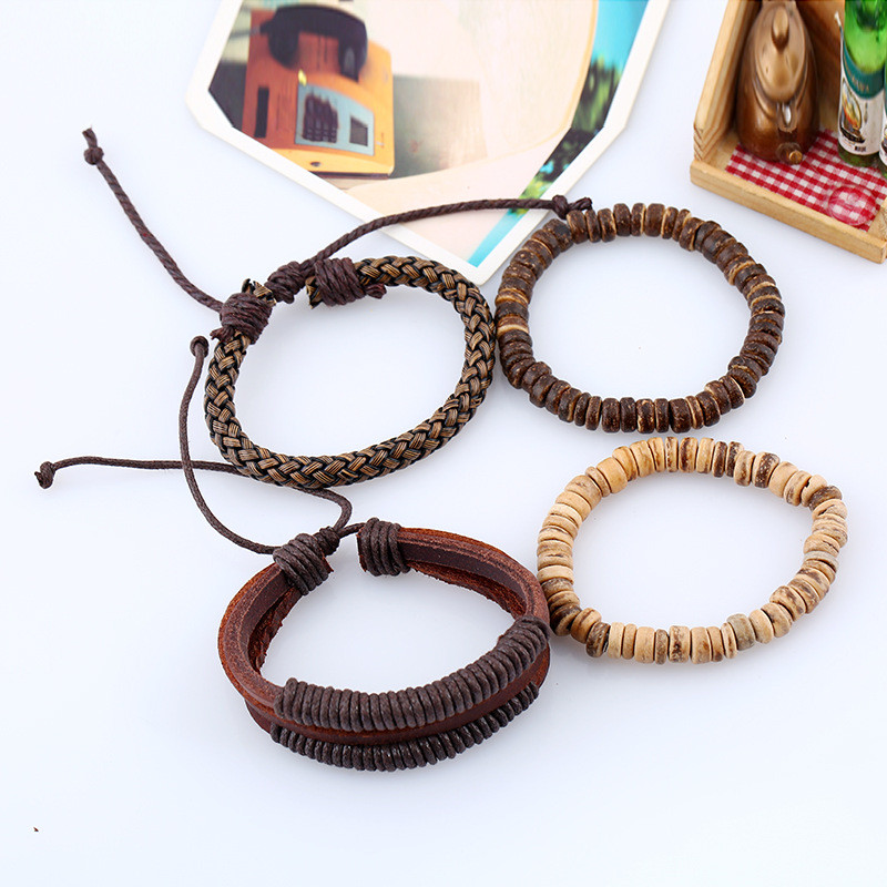 European and American Simple Retro Set Bracelet DIY Woven Cowhide Bracelet Coconut Shell Bracelet Men's Hemp Rope Leather Bracelet