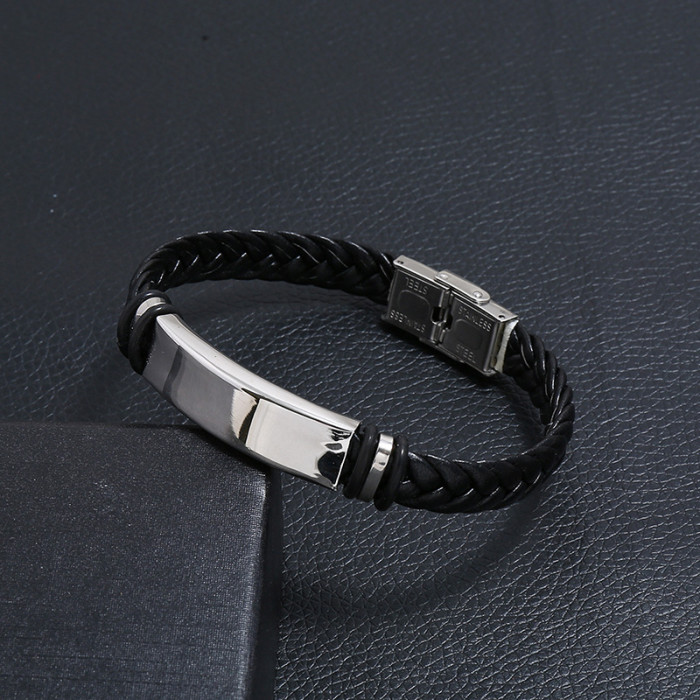 E-commerce Source Vintage Leather Woven Stainless Steel Men's Bracelet Simple Smooth PU Leather Bracelet Bangle