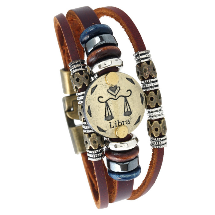 Manufacturer Wholesale Alloy Beaded 12 Zodiac Leather Bracelet Simple European and American Style Creative Birthday Gift