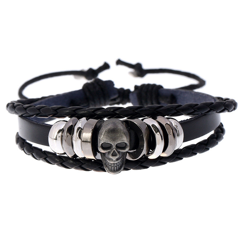 Factory Direct Sale European and American Jewelry Wholesale Personalized Beaded Skull Men's Leather Bracelet Hot-Selling Accessories