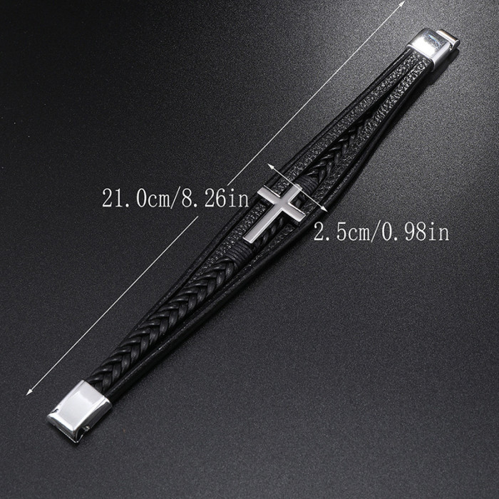 Amazon Hot-Selling New Cross Leather Bracelet for Men Multi-Layer Hand-Woven Rope Magnetic Clasp PU Bracelet