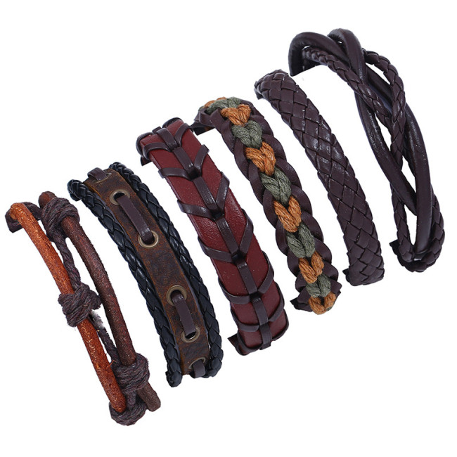 European and American Men's Vintage Woven Leather Bracelet DIY Six-Piece Set Multi-Layer Genuine Leather Bracelet Cross-Border Accessories