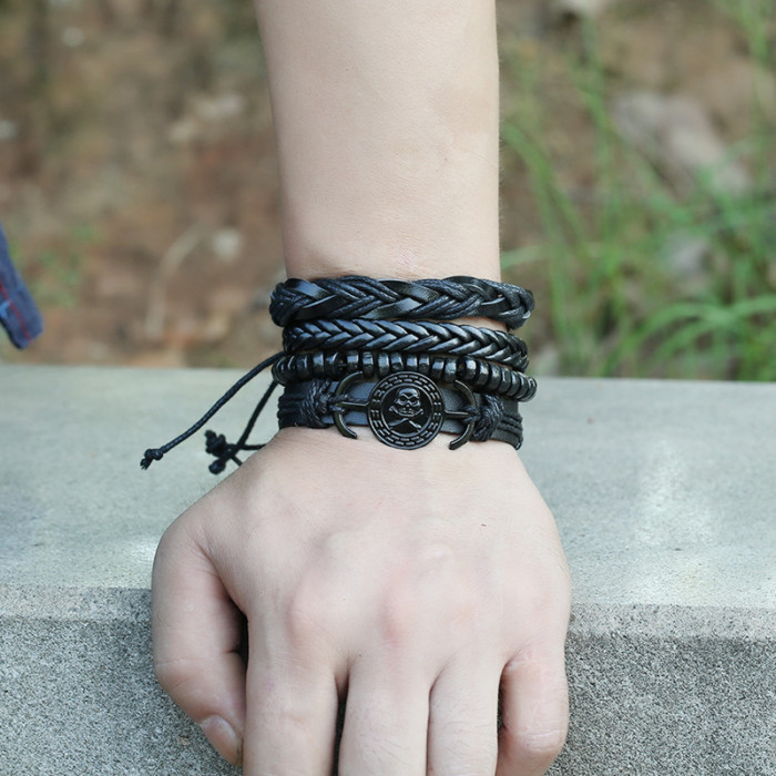 Punk Minimalist Retro Set Bracelet DIY Woven Imitation Cowhide Bracelet Men's Ethnic Style Leather Bracelet Hand Rope