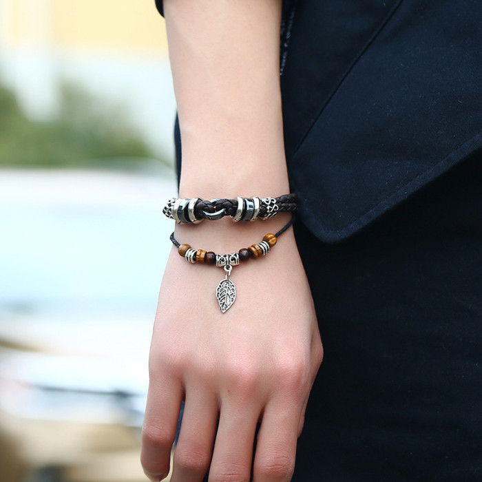 Korean Style Fashion Personality Creative Multi-layer Woven Leaf Pendant Men's Leather Bracelet E-commerce Hand Accessories Wholesale