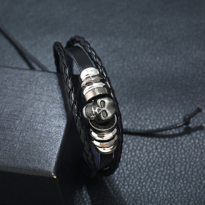Factory Direct Sale European and American Jewelry Wholesale Personalized Beaded Skull Men's Leather Bracelet Hot-Selling Accessories
