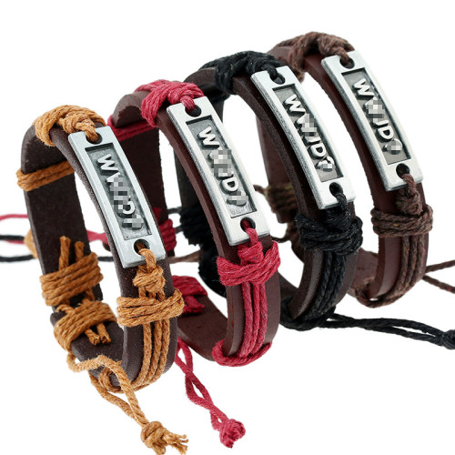 Minimalist Vintage Handwoven Letter Cowhide Bracelet Adjustable Pull 4 Colors Thread Unisex Cross-border Jewelry