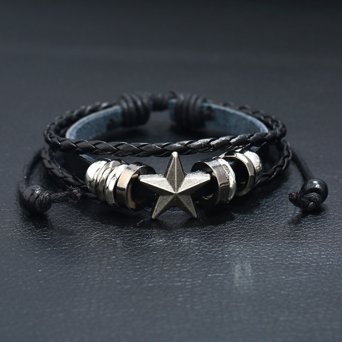 Factory Direct Supply Five-Pointed Star Beaded Cowhide Bracelet Personalized Woven Student Accessories Adjustable Lea...