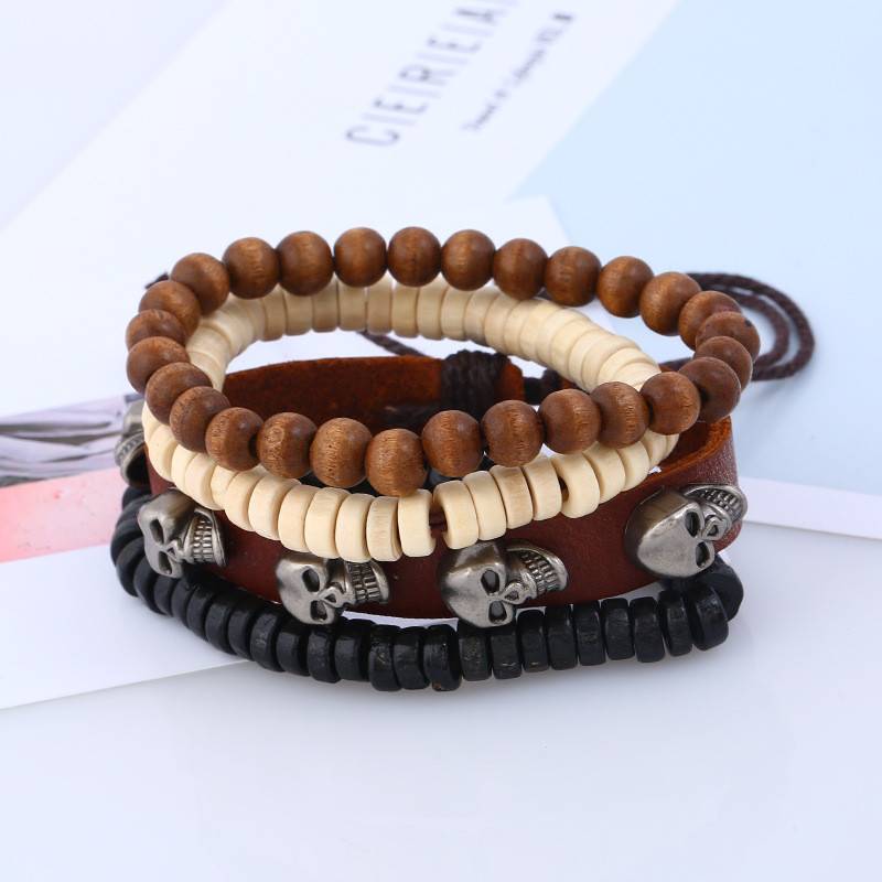 Factory Direct Sale European and American Style Simple Retro Woven Leather Bracelet Alloy Skull Genuine Leather Bracelet Multi-layer Set