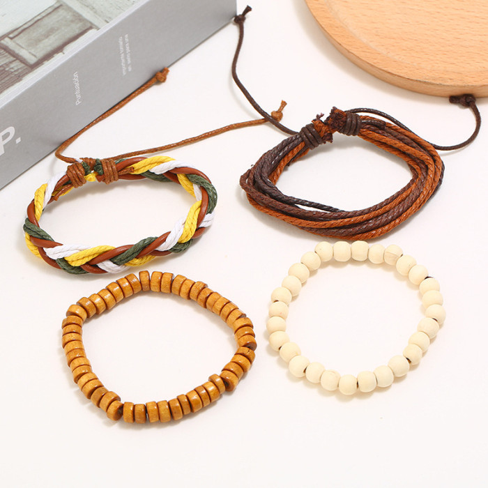 Factory Direct Sales Internet Celebrity Bracelet Retro Handmade Woven DIY Four-Piece Set Cowhide Bracelet Simple Hemp...