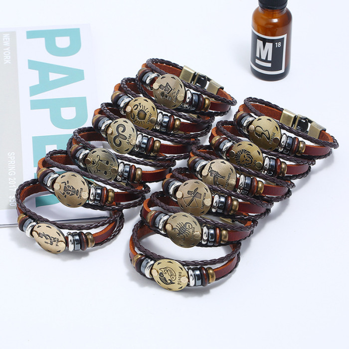 Punk New 12 Zodiac Leather Bracelet Style Handmade Woven Beaded Vintage Leather Bracelet