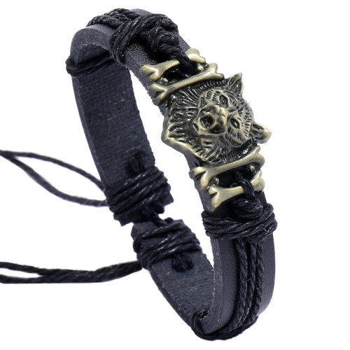 Cross-Border New Jewelry Vintage Woven Leather Bracelet Hand Rope Bronze Alloy Wolf Head Imitation Cowhide Bracelet Jewelry