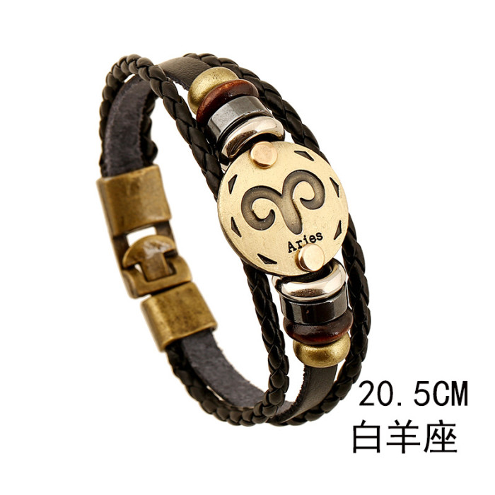 Hot-Selling Jewelry Twelve Zodiac Leather Bracelet Simple Multi-Layer Retro Woven Couple Genuine Leather Bracelet Bangle