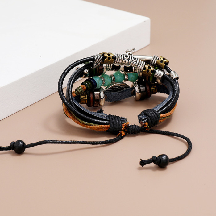 Hot-Selling Jewelry New Multi-Layer Beaded Blue Eye Cowhide Bracelet Adjustable Trendy Hand Accessories