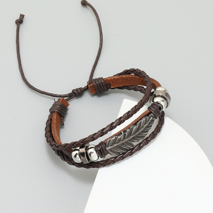 Foreign Trade Fashion Trendy Accessories Simple Alloy Feather Beaded Leather Bracelet Personality Trendy Unisex Wrist...