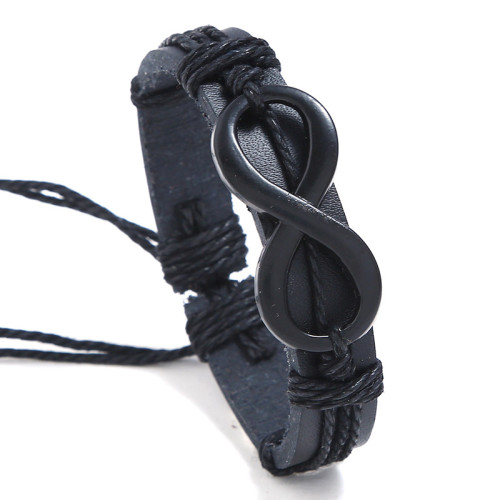 Punk Factory Direct Alloy 8-Shape Black Plated Faux Leather Bracelet Cross-Border Stable Supply Woven Unisex Student Bracelet