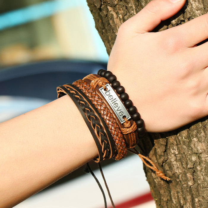 Hot-Selling Jewelry Believe Set Men's Cowhide Bracelet Retro Woven DIY Leather Bracelet