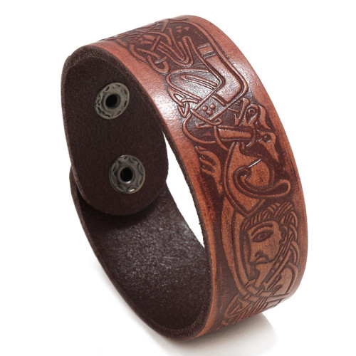 Minimalist New Style Embossed Pattern Vintage Leather Bracelet European and American Style Personality Men's Jewelry Creative Trendy Hand Accessories