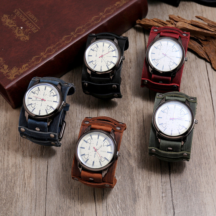 New Accessories Manufacturer Supply Retro Cowhide Watch Personalized Adjustable Punk Men's Leather Bracelet