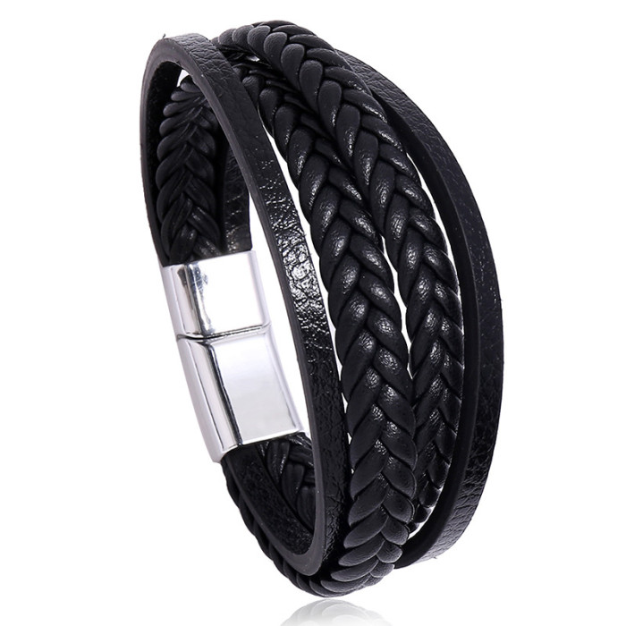 E-commerce Jewelry Multi-Layer Simple Woven Men's Leather Bracelet New Style Magnetic Clasp Imitation Cowhide Bracelet
