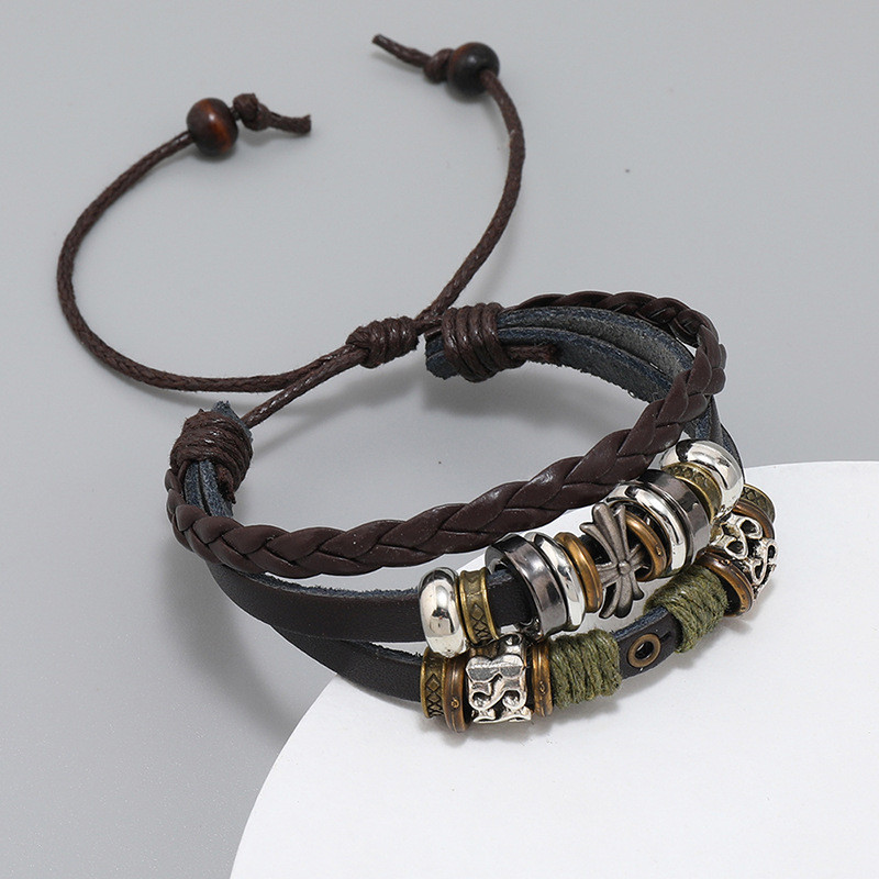 Cross-Border New Jewelry Personalized Beaded Pentagram Leather Bracelet European and American Trendy Jewelry Simple Multi-Layer Bracelet