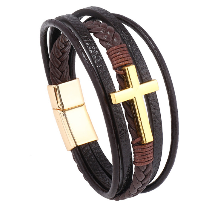 Amazon Hot-Selling New Cross Leather Bracelet for Men Multi-Layer Hand-Woven Rope Magnetic Clasp PU Bracelet