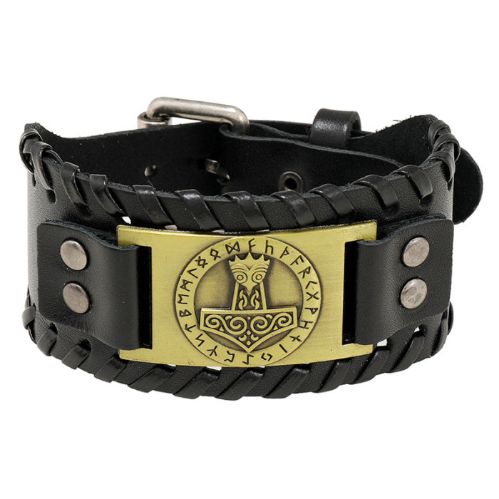 Cross-Border New Retro Woven Thor's Hammer Leather Bracelet Simple Viking Runa Wide Leather Bracelet European and American Accessories