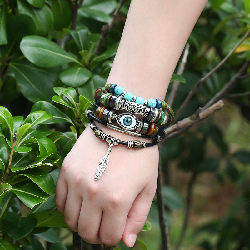Cross-Border Hot-Selling Jewelry Beaded Multi-Layer Blue Eye Cowhide Bracelet Ethnic Style Feather Pendant Student Bracelet