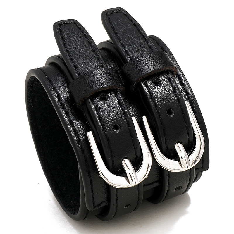European and American Trendy Cross-Border Accessories Stitched Punk Style Personalized Leather Bracelet Simple Wide Leather Double Layer Men's Bracelet