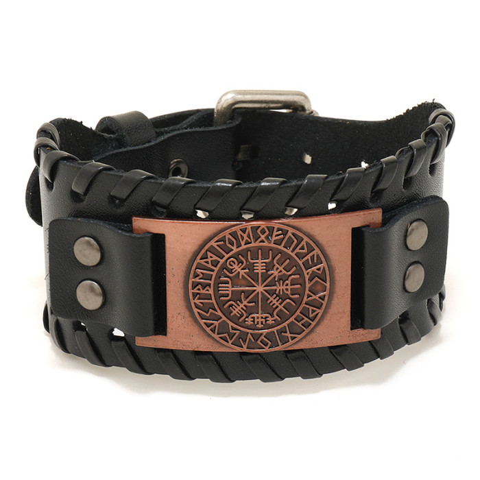 New Jewelry Nordic Viking Leather Bracelet Vintage Woven Compass Men's Leather Wristband