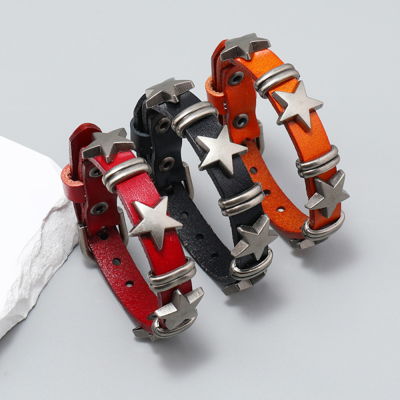 European and American Cross-Border Hot-Selling Men's Accessories Personality Street Punk Style Five-Pointed Star Retro Leather Bracelet Creative Wristband