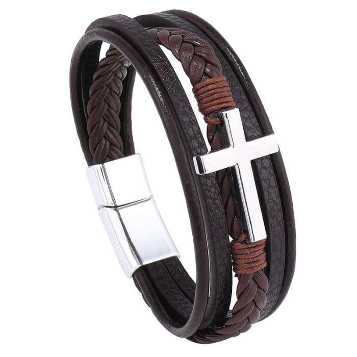 Amazon Hot-Selling New Cross Leather Bracelet for Men Multi-Layer Hand-Woven Rope Magnetic Clasp PU Bracelet