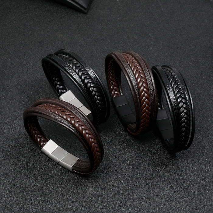 European and American Cross-Border Jewelry Stainless Steel Magnet Clasp Men's Leather Bracelet Creative Multi-Layer Simple Woven Leather Bracelet