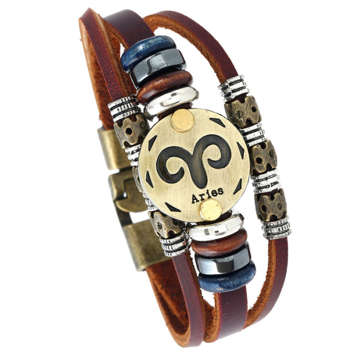 Manufacturer Wholesale Alloy Beaded 12 Zodiac Leather Bracelet Simple European and American Style Creative Birthday Gift