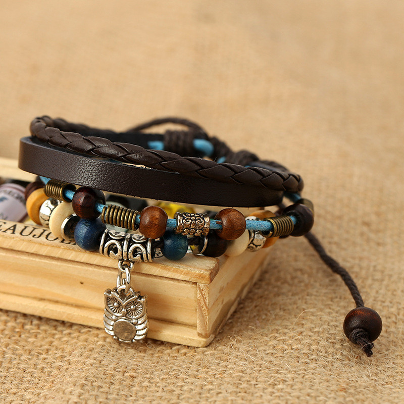 Factory Direct Vintage Beaded Cowhide Bracelet Adjustable Personalized Owl Pendant Leather Bracelet Jewelry
