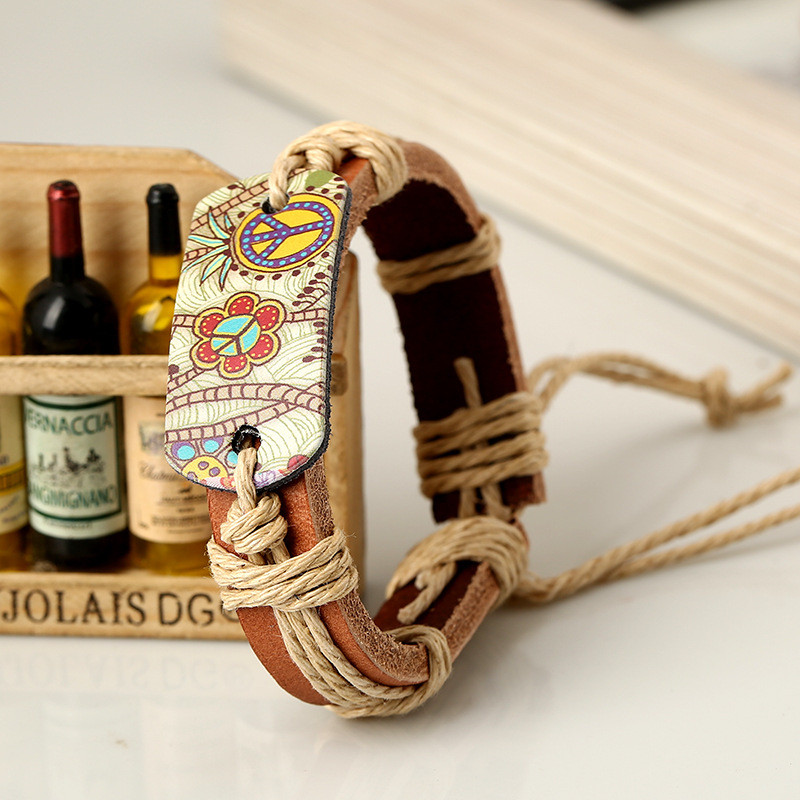 European and American Trendy Accessories Hemp Rope Woven Leather Bracelet Vintage Style Heat Transfer Peace Sign Leather Bracelet One Piece Dropshipping