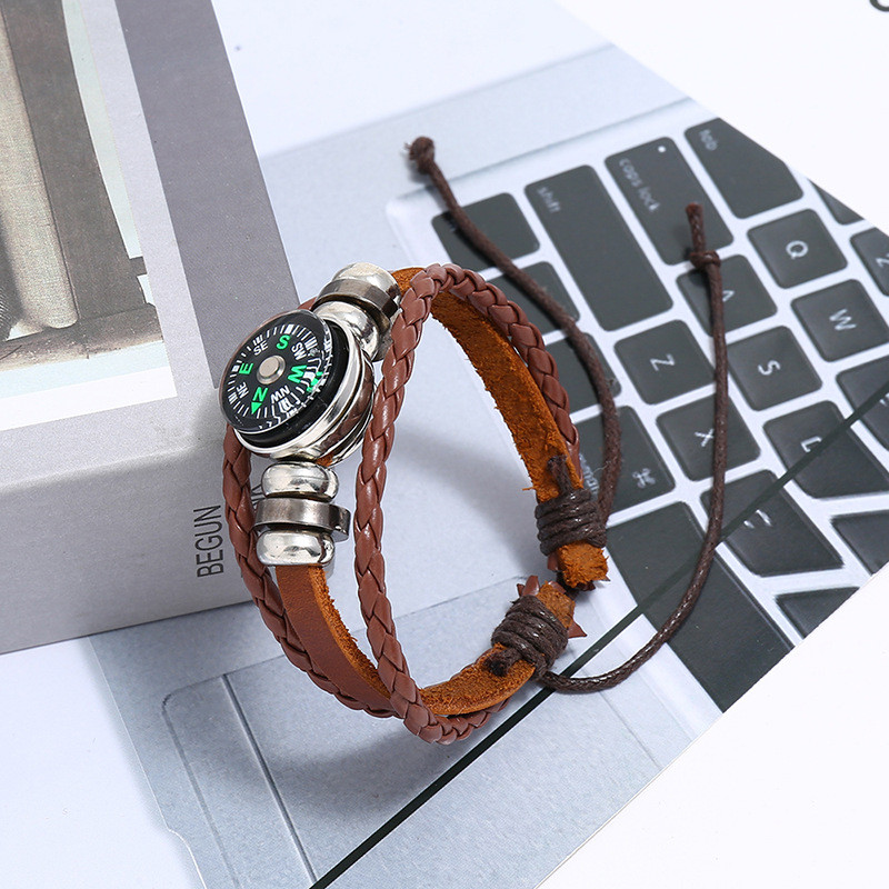 Factory Direct Sale Beaded Cowhide Bracelet Multi-layer Woven Outdoor Compass Leather Bracelet Jewelry Cross-border Small Commodity