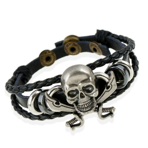 Cross-Border Hot-Selling Jewelry Custom Design New Simple Woven Skull Leather Bracelet European and American Style Accessories
