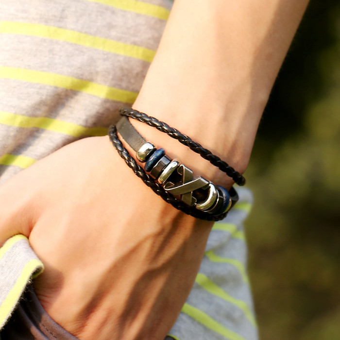 Cross-Border Jewelry Wholesale Simple Beaded Cowhide Bracelet Personality Versatile X-Stud Unisex Hand Accessories Trendy Leather Bracelet