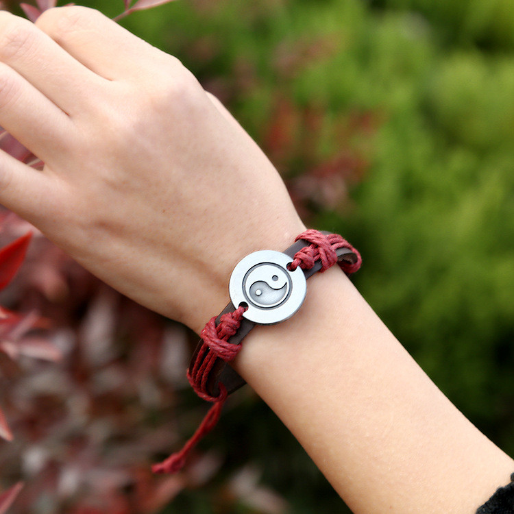 Cross-Border New Jewelry Simple Hand-Woven Bagua Cowhide Bracelet Vintage Alloy Yin Yang Tai Chi Bracelet Jewelry