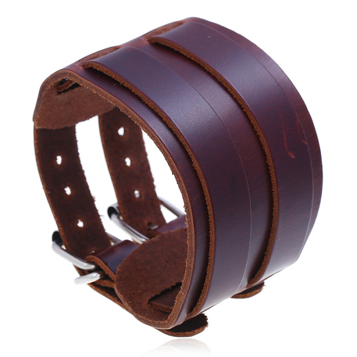 Punk Factory Direct Sale Retro Genuine Leather Bracelet European and American Wide Leather Double Buckle Unisex Bracelet Cross-Border Punk Cowhide Bracelet