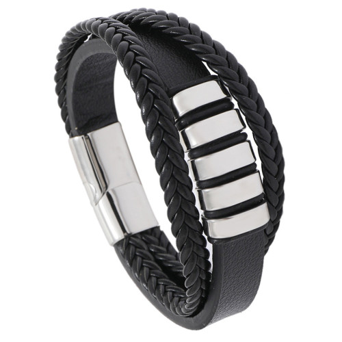 New European and American Style Hot Selling Personality Versatile Men's Leather Bracelet Stainless Steel Braided Punk PU Wristband Cross-Border Jewelry