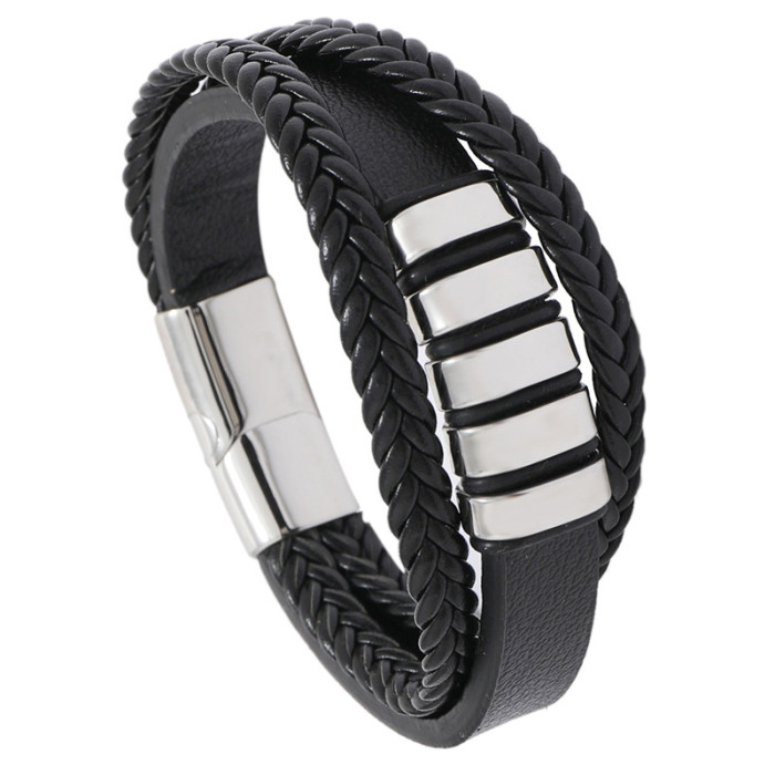 New European and American Style Hot Selling Personality Versatile Men's Leather Bracelet Stainless Steel Braided Punk PU Wristband Cross-Border Jewelry
