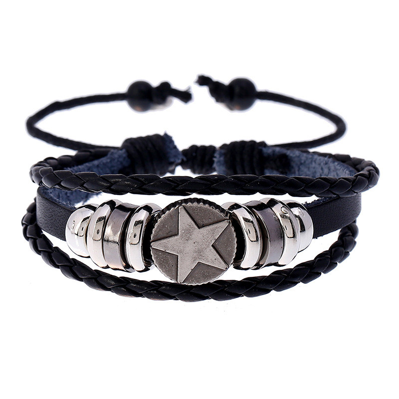 Manufacturer Direct Sale Alloy Five-Pointed Star Beaded Leather Bracelet Adjustable Student Accessories European and American Cross-Border Jewelry