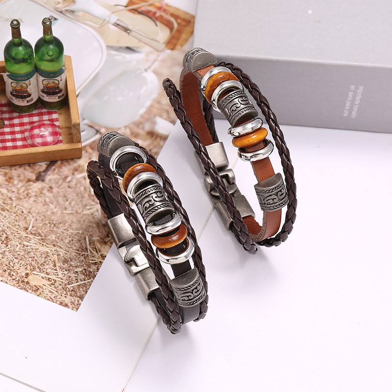 Cross-Border Hot-Selling Jewelry Simple Handmade Beaded Multi-Layer Leather Bracelet European and American Fashion Trendy Men's Wristband Jewelry