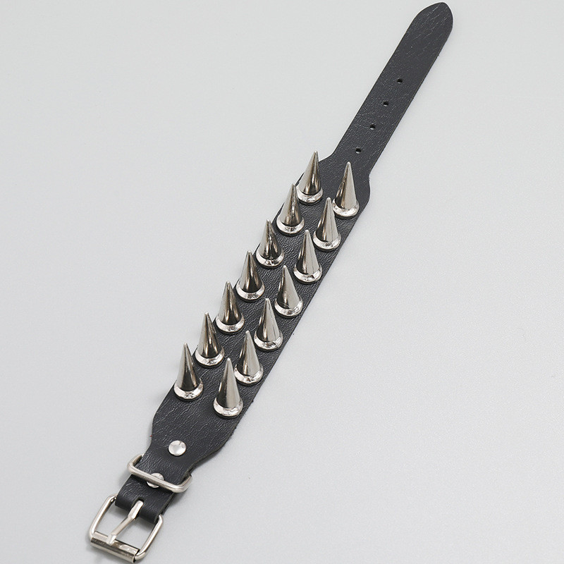 Cross-Border Hot-Selling Jewelry European and American Punk Style 2-Row Spike Leather Bracelet Personality Trendy Rock Men's Wristband Bangle