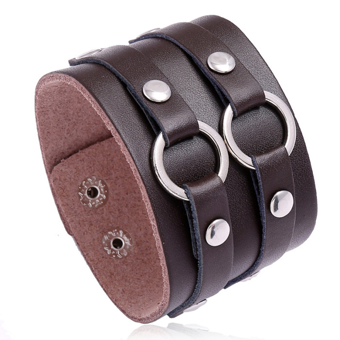 Punk Factory Direct Sale Double Circle Cowhide Bracelet Punk Accessories Men's Wide Leather Bracelet E-commerce Source
