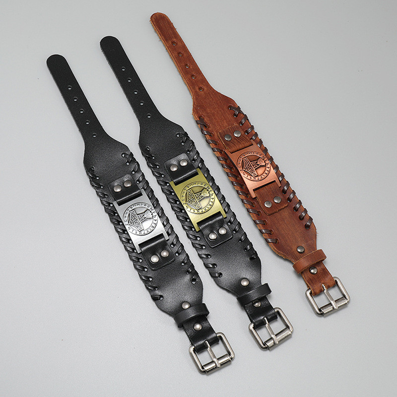 Cross-Border New Retro Woven Thor's Hammer Leather Bracelet Simple Viking Runa Wide Leather Bracelet European and American Accessories