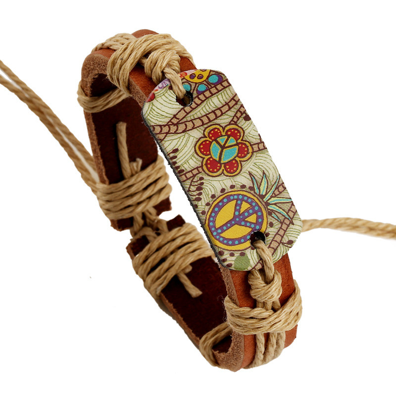 European and American Trendy Accessories Hemp Rope Woven Leather Bracelet Vintage Style Heat Transfer Peace Sign Leather Bracelet One Piece Dropshipping