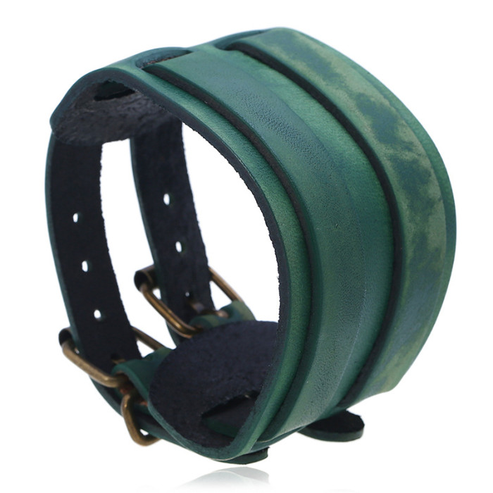 Punk Factory Direct Sale Retro Genuine Leather Bracelet European and American Wide Leather Double Buckle Unisex Bracelet Cross-Border Punk Cowhide Bracelet