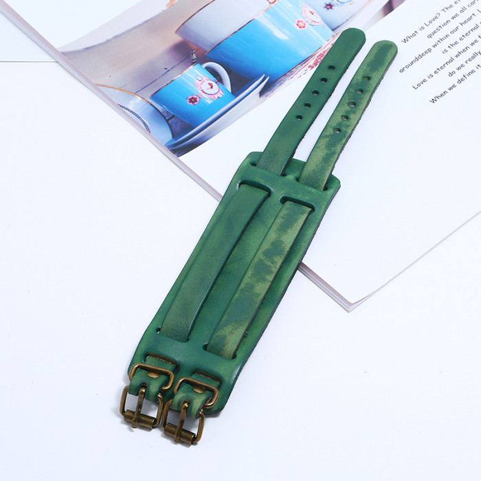 Punk Factory Direct Sale Retro Genuine Leather Bracelet European and American Wide Leather Double Buckle Unisex Bracelet Cross-Border Punk Cowhide Bracelet